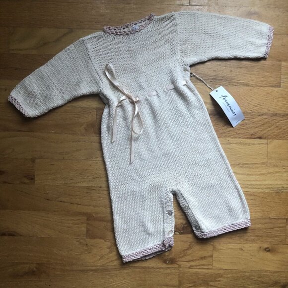 🆕Fournier Size 6M Knit Romper Natural & Blush Pink - Picture 1 of 9